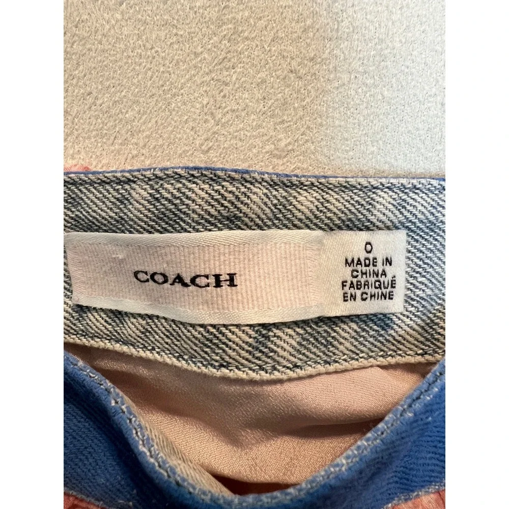 Coach Pink Floral Tiered Mini Skirt Blue Denim Waistband Pockets Size 0